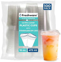 Freshware Clear Plastic Cups with Strawless Sip Lids [100 Cups - 16 oz] Disposable Tumblers for Iced Coffee, Smoothie, Milkshake, Cold Drinks by Freshware