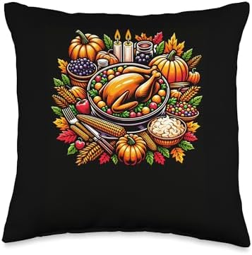 Thanksgiving Feast Illustration Harvest Scene Throw Pillow by Unknown