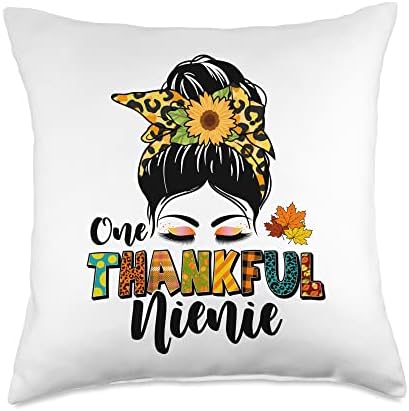 Thankful Nienie Thanksgiving Day Leopard Messy Bun Fall Thanksgiving Day One Thankful Nienie Throw Pillow, 18x18, Multicolor by Unknown