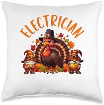 Electrician Job Thanksgiving Turkey With Gnomes Fall Leaves Throw Pillow by Unknown