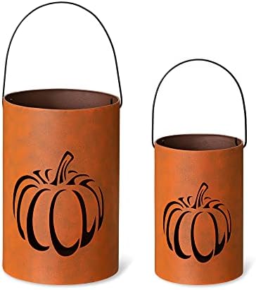 Glitzhome 2 Pack Halloween Cutout Pumpkin Lantern Candle Holder Bucket Thanksgiving Metal Standing or Hanging Porch Signs Decor, Orange by Glitzhome