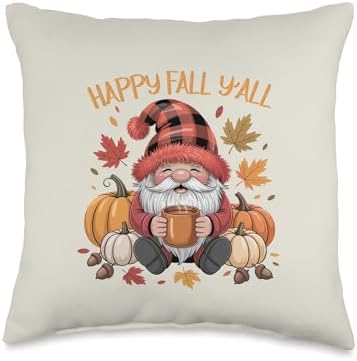 Happy Fall Y'all Cute Gnome Pumpkin Spice Falling Leaves Throw Pillow by Unknown