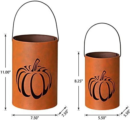 Glitzhome 2 Pack Halloween Cutout Pumpkin Lantern Candle Holder Bucket Thanksgiving Metal Standing or Hanging Porch Signs Decor, Orange - Image 3