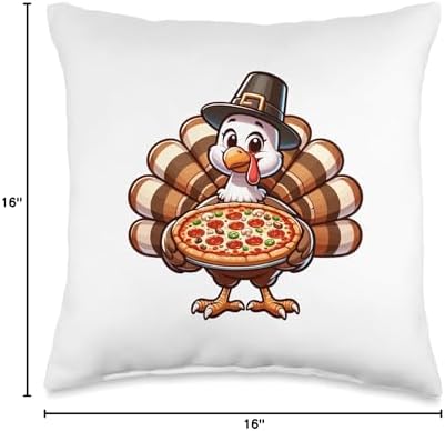 Kawaii Cartoon Turkey With A Pizza Design Cute Turkey with a Pizza Funny Thanksgiving Pilgrim Dinner Throw Pillow, 16x16, Multicolor - Image 4