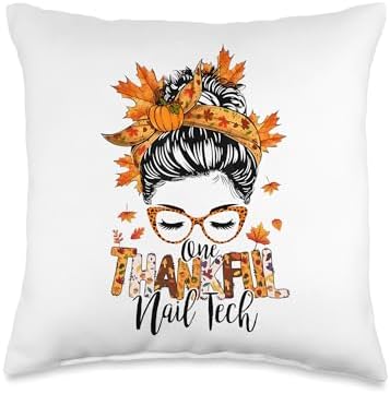 One Thankful Nail Tech Messy Bun Thanksgiving Manicurist Throw Pillow by Unknown