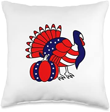 Thanksgiving Turkey Patriotic Red White Blue Pumpkin Throw Pillow by Unknown