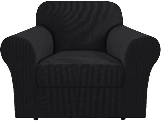 H.VERSAILTEX Stretch 2 Piece Chair Covers for Armchair Chair Covers for Living Room Furniture Cover Suit for T Cushion/Box Cushion, Spandex Jacquard Fabric Small Checks(Armchair-Oversized, Jet Black)