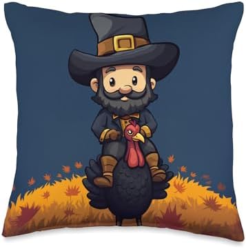 Cute Pilgrim and Turkey Thanksgiving Home Throw Pillow by Unknown