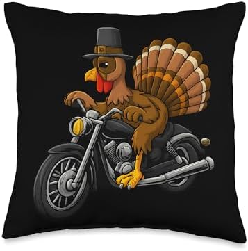 Turkey Riding Motorcycle Funny Thanksgiving Biker Humor Throw Pillow by Unknown