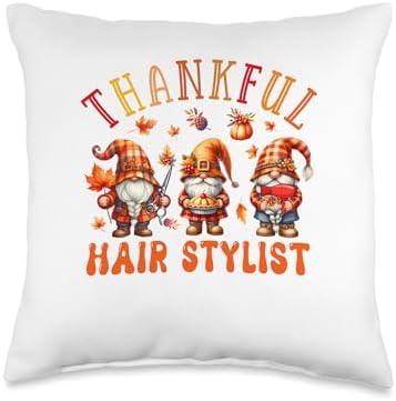 Thankful Hair Stylist Job Thanksgiving Three Gnomes Autumm Throw Pillow by Unknown
