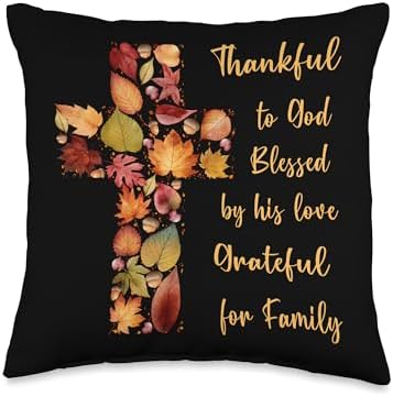 Thankful Grateful Blessed Christian Thanksgiving Leaf Cross Throw Pillow by Unknown