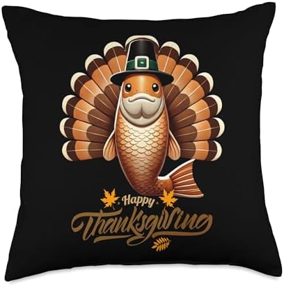 Funny Fish with Turkey Feathers Thanksgiving Throw Pillow by Unknown