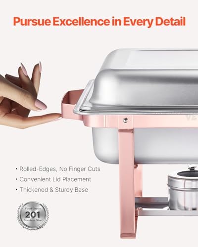 VEVOR Chafing Dish Buffet Set, 8 Qt 2 Pack, Stainless Steel Chafer with 2 Full Size Pans, Rectangle Catering Warmer Server with Lid Water Pan Stand Fuel Holder, for Wedding Party Banquet, Rose Gold - Image 3