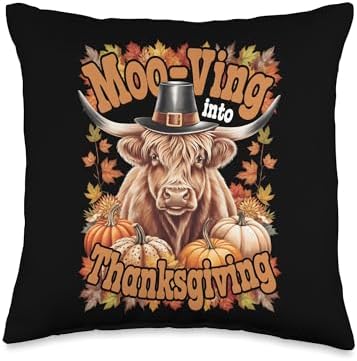 Moo-Ving Into Thanksgiving Highland Cow Throw Pillow by Unknown