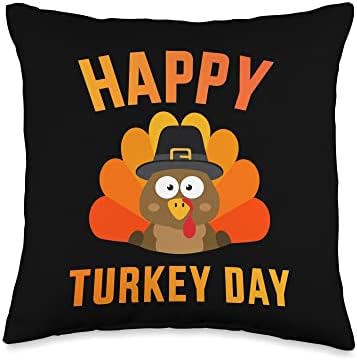 Happy turkey day with cute bird for thanksgiving dinner Throw Pillow by Unknown