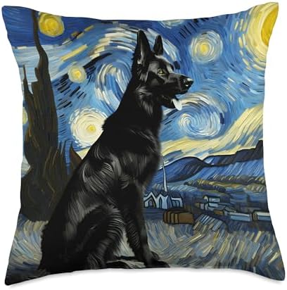 Black German Shepherd Starry Night Van Gogh Thanksgiving Throw Pillow by Unknown