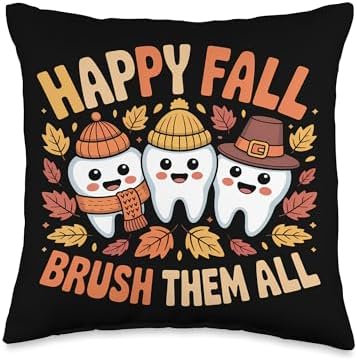Happy Fall Brush Them All Teeth Dentist Thanksgiving Design Throw Pillow by Unknown