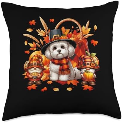 Thanksgiving Maltipoo With Gnomes Fall Leaves Pumpkins Throw Pillow by Unknown