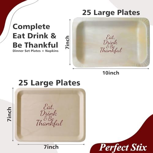 Perfect Stix Thanksgiving Plates and Napkins Set – 25 Large 10-Inch & 25 Small 7-Inch Eco-Friendly Wooden Plates with 50 Burgundy 2-Ply Dinner Napkins –Thanksgiving & Friendsgiving Gatherings - Image 2