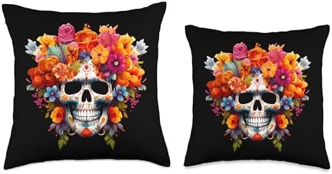 KIM101DESIGN THANKSGIVING DAY OF DEAD Dead Flower Sugar Skull Dia DE Los Muertos Mexico Day Throw Pillow, 16x16, Multicolor - Image 3
