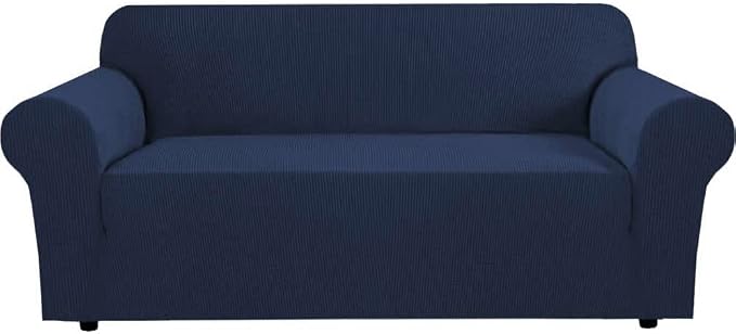 H.VERSAILTEX Stretch Couch Slipcovers for 3 Cushion Couch Soft Sofa Covers Washable Feature Thick Checked Jacquard Fabric with Elastic Bottom, Sofa Large - Navy