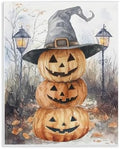 Stacked Jack O Lanterns Witch, 11 x 14 Inch Mounted Print on Wall Plaque