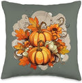 Pumpkins Fall Season Autumn Leaves Thanksgiving Vintage Throw Pillow by Unknown