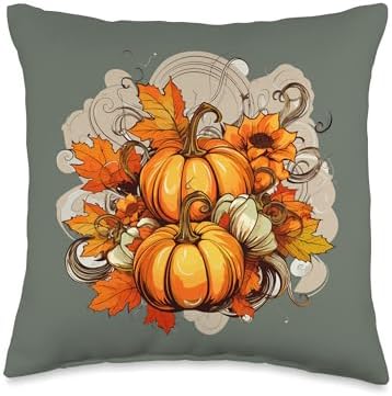 Pumpkins Fall Season Autumn Leaves Thanksgiving Vintage Throw Pillow by Unknown