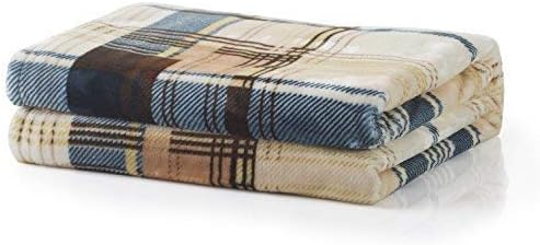 Tache Winter Cabin Blue Tan Farmhouse Super Soft Micro Fleece Tartan Plaid Plush Lightweight Dual-Sided Decorative Couch, Sofa, Travel, Lap, Bed Throw Blanket, 50x60