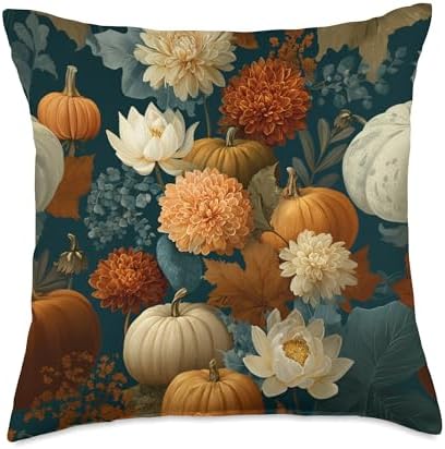 Vintage Autumn Flower Fall Pumpkin Thanksgiving Fall Themed Throw Pillow by Unknown