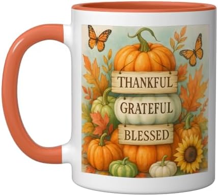 Thankful Grateful Blessed - Fall Pumpkin Family Thanksgiving Ceramic Mug, Orange/White, 11oz by Unknown