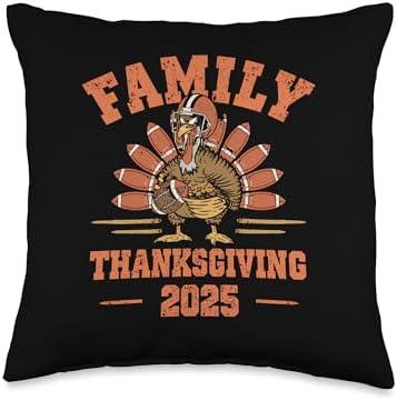 Happy Thanksgiving 2025 Funny Football Turkey Family Dinner Throw Pillow by Unknown