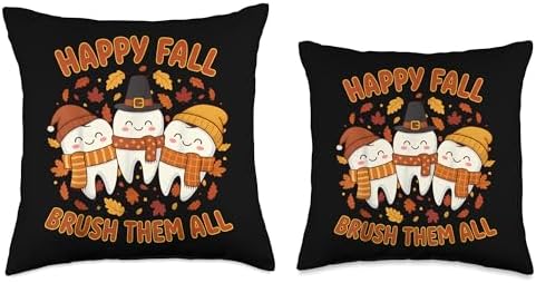 Happy Fall Brush Them All Teeth Dentist Thanksgiving Design Throw Pillow - Image 3