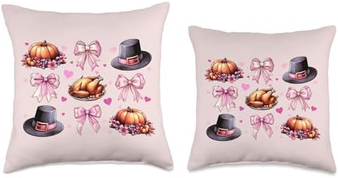 Coquette Bow Thanksgiving Day Turkey Hat Pink Throw Pillow - Image 3