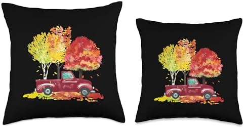 Spot & Tiger Thanksgiving Red Pickup Truck Autumn Color Trees Cute Happy Fall Scene Throw Pillow, 18x18, Multicolor - Image 3