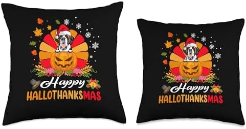 St Bernard Hallothanksmas Halloween Thanksgiving Christmas Throw Pillow - Image 3