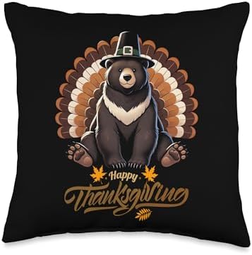 Funny Black Bear with Turkey Feathers Thanksgiving Throw Pillow by Unknown