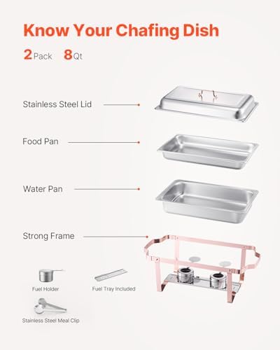 VEVOR Chafing Dish Buffet Set, 8 Qt 2 Pack, Stainless Steel Chafer with 2 Full Size Pans, Rectangle Catering Warmer Server with Lid Water Pan Stand Fuel Holder, for Wedding Party Banquet, Rose Gold - Image 5