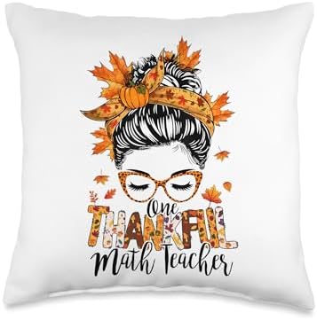 One Thankful Math Teacher Messy Bun Autumn Fall Thanksgiving Throw Pillow by Unknown