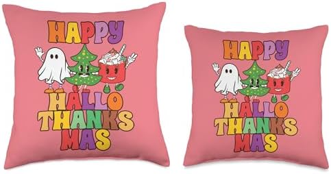 Happy Hallothanksmas Halloween Thanksgiving Christmas Groovy Throw Pillow - Image 3