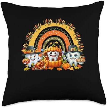 Thanksgiving Three Cute Teeth Dentist Fall Leaves Pumpkins Throw Pillow by Unknown