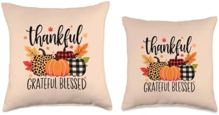 Thanksgiving Thankful Grateful Blessed leopard plaid Pumpkin Throw Pillow - Image 3
