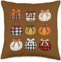 Cute Buffalo Plaid Pumpkin Coquette Bow Preppy Thanksgiving Throw Pillow by Unknown