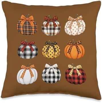 Cute Buffalo Plaid Pumpkin Coquette Bow Preppy Thanksgiving Throw Pillow by Unknown