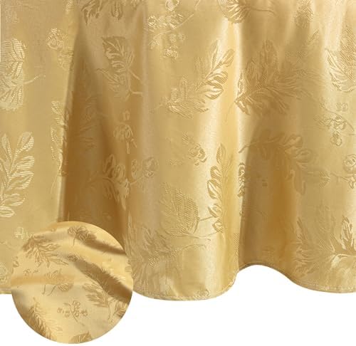 Elegant Woven Leaves Jacquard Damask Tablecloth, Gold - 60" W x 84" L Oval