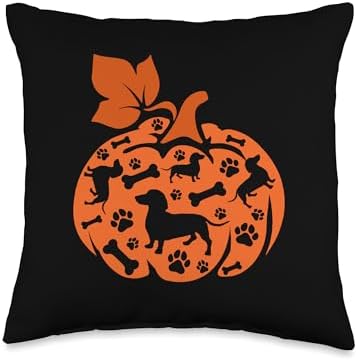 Dachshunds Cute Pumpkin Shape Halloween Thanksgiving Owner Throw Pillow by Unknown