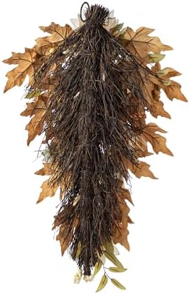 Glitzhome Neutral Fall Swag, 28 Inch Farmhouse Door Hanging with Beige Sunflowers & Pumpkins, Rattan Porch Decor for Thanksgiving - Image 6