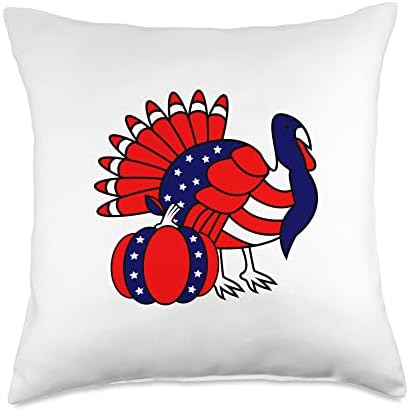 Thanksgiving Turkey Patriotic Red White Blue Pumpkin Throw Pillow by Unknown