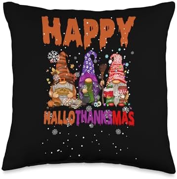 Halloween Thanksgiving Xmas Gnome Costume Happy Hallothanksmas Halloween Thanksgiving Xmas Gnome Throw Pillow, 16x16, Multicolor by Unknown