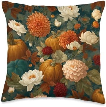 Vintage Autumn Flower Fall Pumpkin Thanksgiving Fall Themed Throw Pillow by Unknown